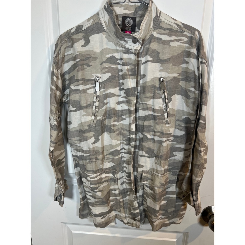 Vince Camuto Womens Utility Jacket Camouflage Zip Front Grey Tan XXS